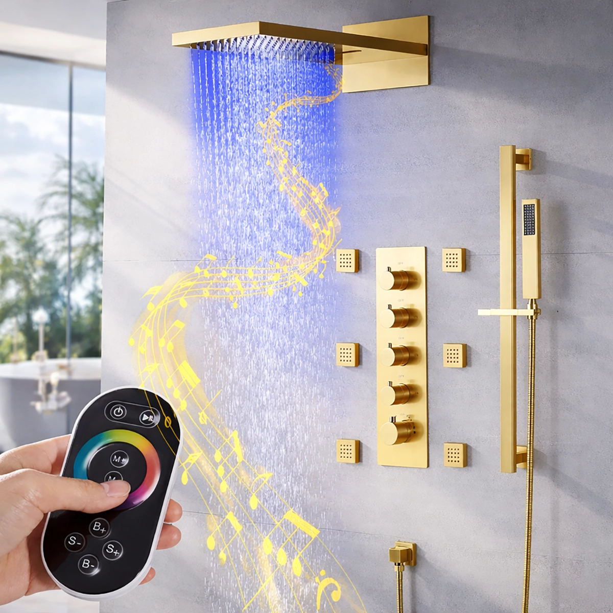 Douche connectée ciel de pluie doré brossé Milan